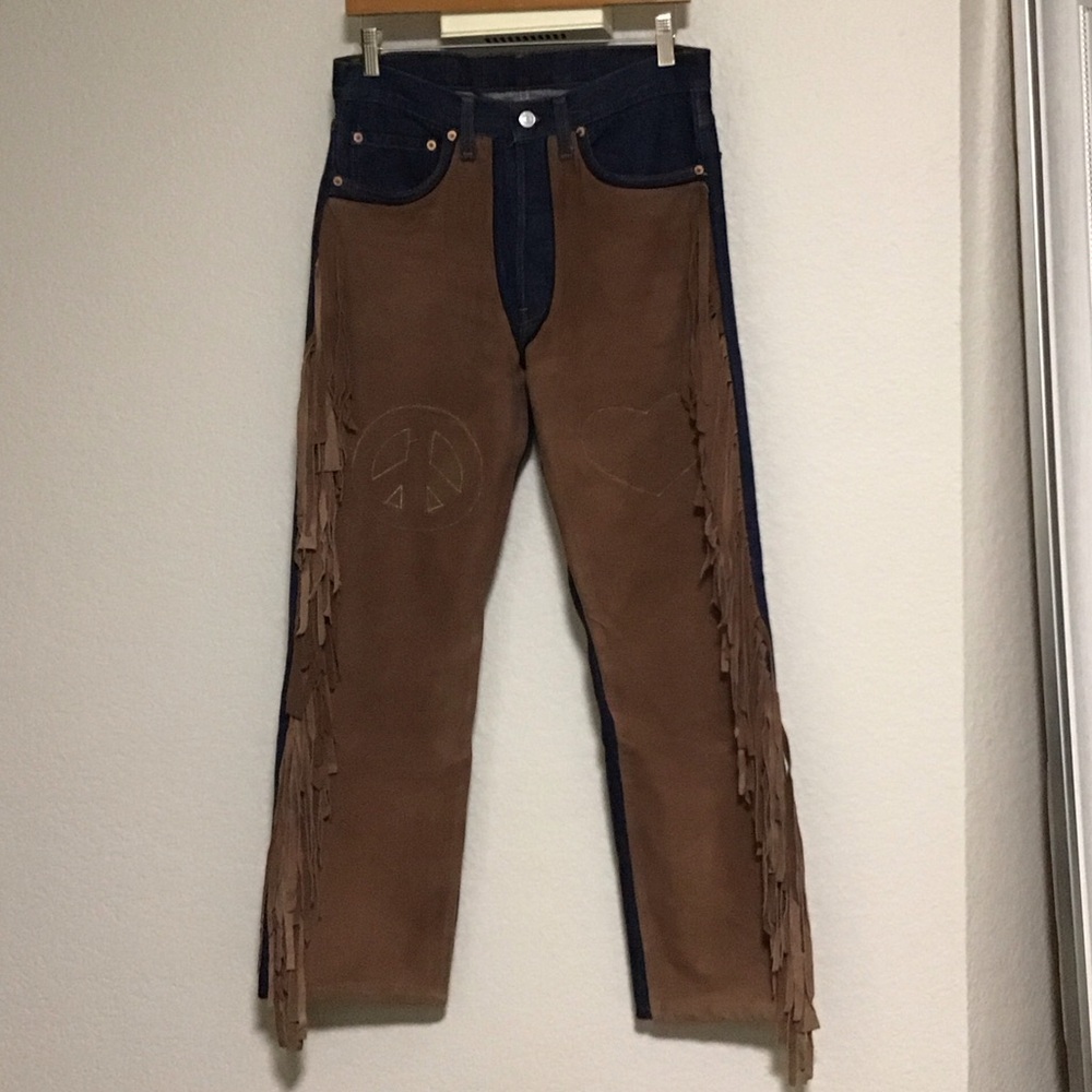 Jeans with genuine suede front with fringes